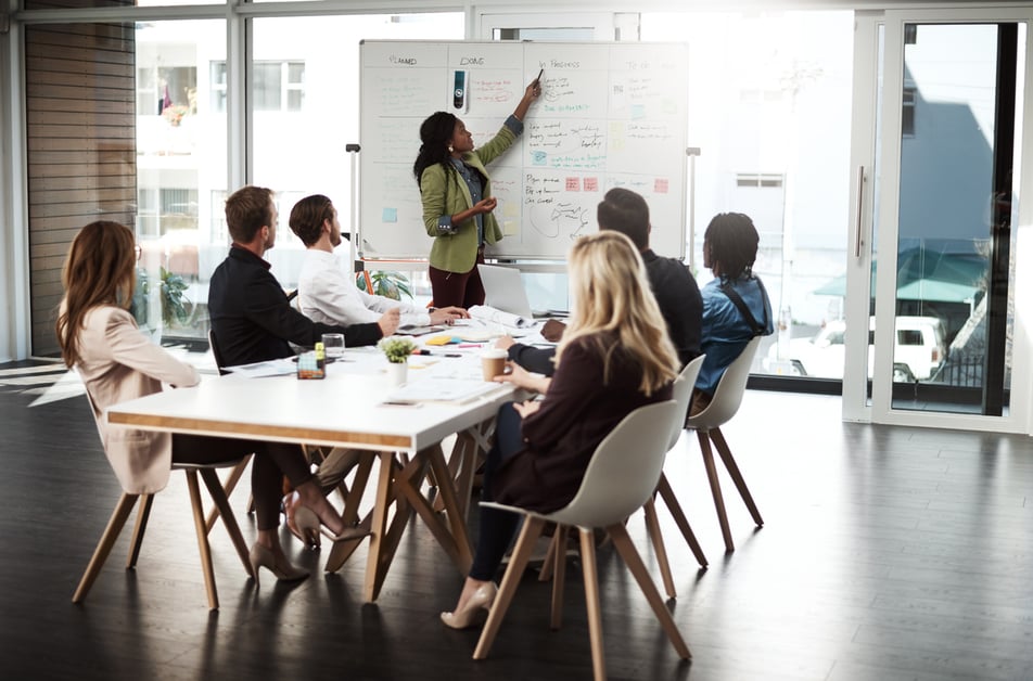 Shot of a businesswoman presenting a business strategy to her colleagues on a whiteboard in a boardroom
